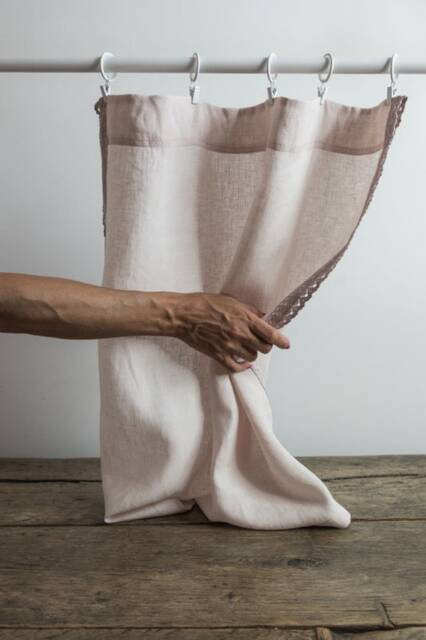 Rustic Pink Linen Cafe Curtain With Blush Lace, Custom Kitchen Valance - image 1