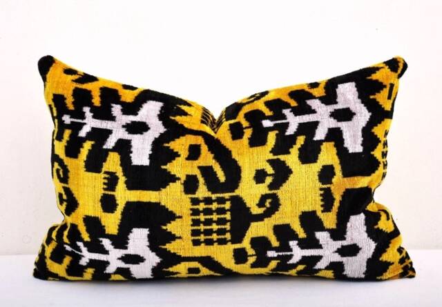 Yellow Black Silk Velvet Ikat Pillow Cover, Handmade Decorative Cushion - image 1