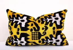 Yellow Black Silk Velvet Ikat Pillow Cover, Handmade Decorative Cushion - thumbnail 1