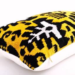 Yellow Black Silk Velvet Ikat Pillow Cover, Handmade Decorative Cushion - thumbnail 2