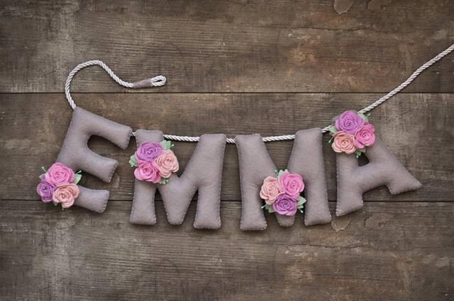 Felt Name Banner, Gray Floral Nursery Decor, Baby Shower Gift - image 1