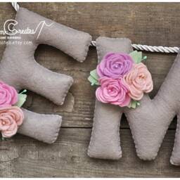 Felt Name Banner, Gray Floral Nursery Decor, Baby Shower Gift - thumbnail 3