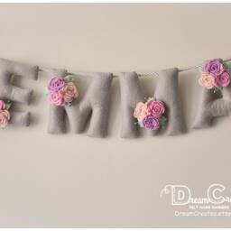 Felt Name Banner, Gray Floral Nursery Decor, Baby Shower Gift - thumbnail 2