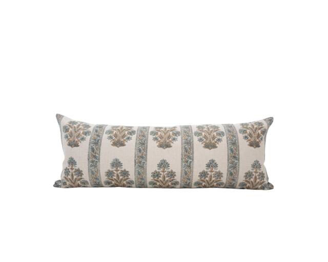 Aanya -- 14x36 Designer Blue Floral Linen Pillow Cover Block Print Lumbar Farmhouse Light Spring Bed - image 1