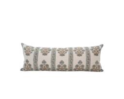 Aanya -- 14x36 Designer Blue Floral Linen Pillow Cover Block Print Lumbar Farmhouse Light Spring Bed - thumbnail 1