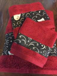 Handmade 3-Piece Deep Rich Burgundy Red Bath Towel Set Trimmed With Black/White Theatre Damask Cotton Print Fabric