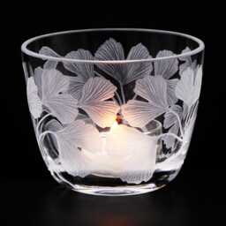Glass Tealight Holder, Ginkgo Biloba Crystal Glass, Mouth-Blown, Hand-Engraved - thumbnail 2