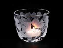 Glass Tealight Holder, Ginkgo Biloba Crystal Glass, Mouth-Blown, Hand-Engraved - thumbnail 1