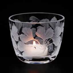 Glass Tealight Holder, Ginkgo Biloba Crystal Glass, Mouth-Blown, Hand-Engraved - thumbnail 3