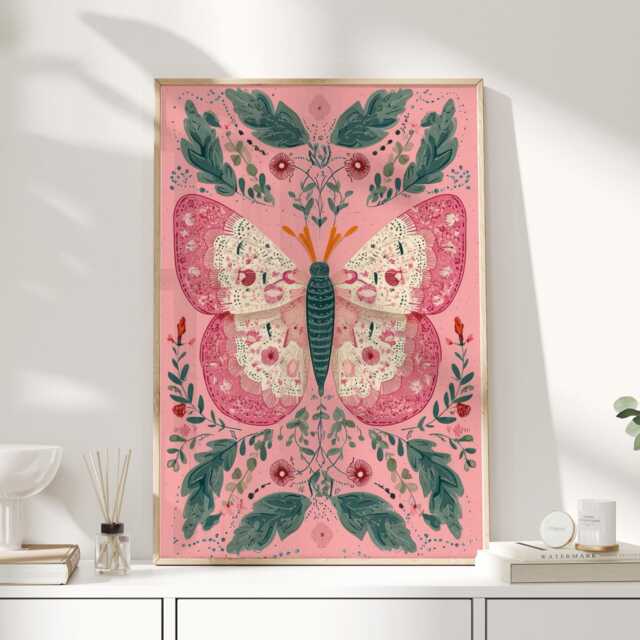 Folk Art Butterfly Print - Boho Wall Pink & Green Botanical Illustration Nature Inspired Decor - image 1