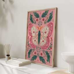 Folk Art Butterfly Print - Boho Wall Pink & Green Botanical Illustration Nature Inspired Decor - thumbnail 2