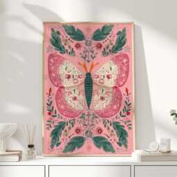 Folk Art Butterfly Print - Boho Wall Pink & Green Botanical Illustration Nature Inspired Decor - thumbnail 1