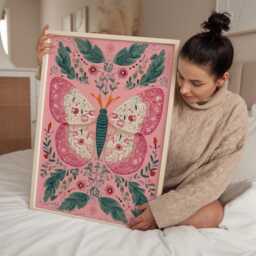Folk Art Butterfly Print - Boho Wall Pink & Green Botanical Illustration Nature Inspired Decor - thumbnail 3
