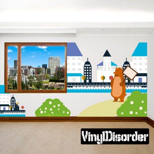 Bear With House & Hill Wall Decal Kit - Nursery Room Decor Fabric Vinyl Removable Reusable Animalwallkitid006Et