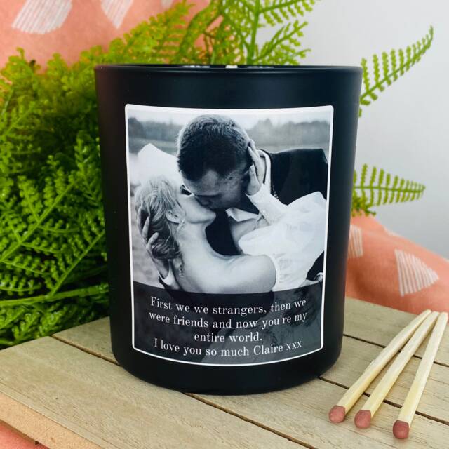 Personalised Photo Candle Gift - Bespoke Valentines Wedding Bridal Engagement Birthday Mothers Day - Matt Black Glass Jar - image 1