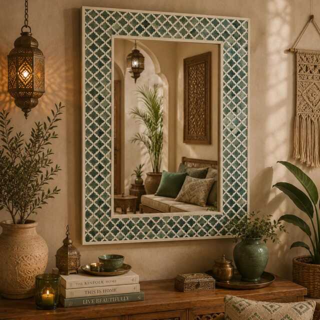 Handmade Teal Green Bone Inlay Moroccan Trellis Rectangular Wall Mirror, Wedding Gift - image 1