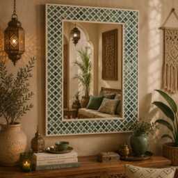 Handmade Teal Green Bone Inlay Moroccan Trellis Rectangular Wall Mirror, Wedding Gift