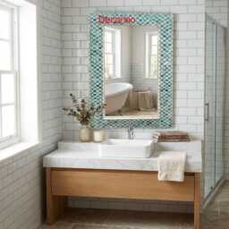 Handmade Teal Green Bone Inlay Moroccan Trellis Rectangular Wall Mirror, Wedding Gift - thumbnail 3