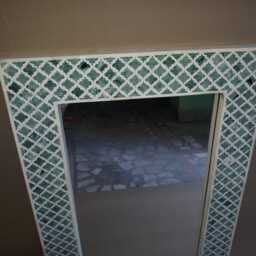 Handmade Teal Green Bone Inlay Moroccan Trellis Rectangular Wall Mirror, Wedding Gift - thumbnail 4