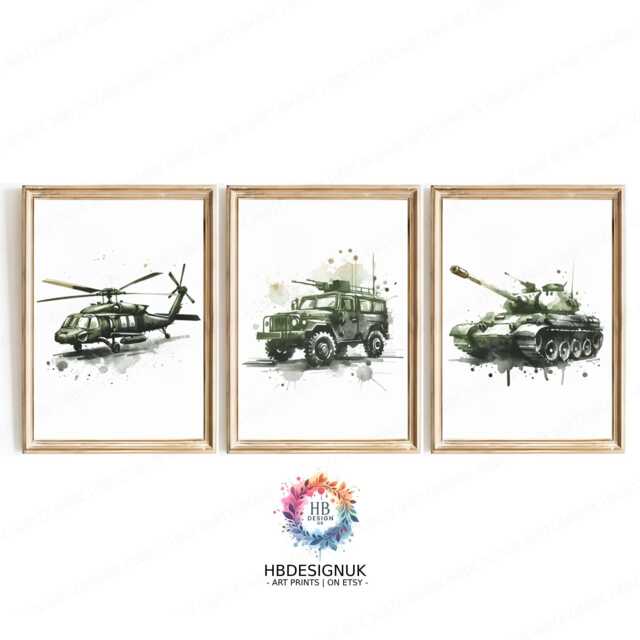 Green Military Vehicle Prints - Set Of 3 Posters - Watercolour Design Boys Room Bedroom Decor Gifts Army Wall Art Kids Artwork - image 1