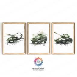 Green Military Vehicle Prints - Set Of 3 Posters - Watercolour Design Boys Room Bedroom Decor Gifts Army Wall Art Kids Artwork - thumbnail 1