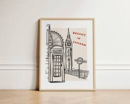 Dreams in London Print, Ink Bleed Style, Trendy City Poster, Quirky Wall Art, Apartment Decor, Unframed - thumbnail 1