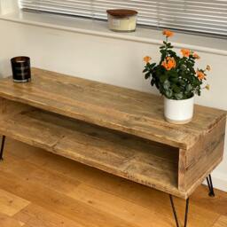 Handmade Reclaimed Wood Tv Stand - Rustic Industrial Scaffold Board Media Unit With Hairpin Legs - thumbnail 3