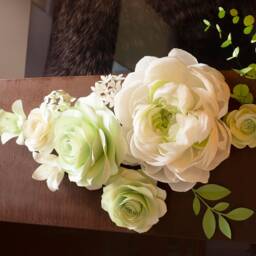 Large Paper Flower Wall Decor Set, Green & White Peony - thumbnail 3