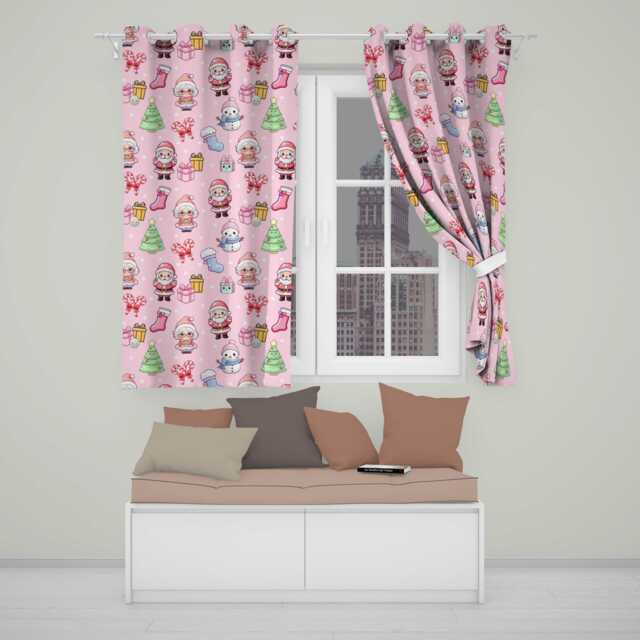Cute Kawaii Santa Snowman Gift Characters Soft Pink Background Seamless Pattern Readymade Eyelet Ring Top Thermal 100% Blackout Curtains - image 1