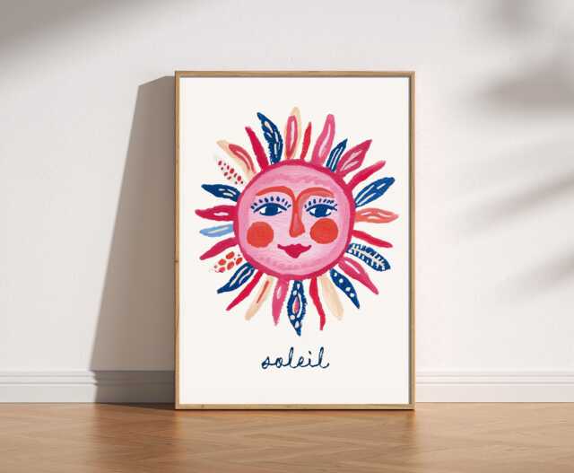 Soleil Sunshine Face Print - Smiling Sun Wall Art, Retro Boho Celestial Decor, Mediterranean Kitchen Pink Trendy Summer Poster - image 1