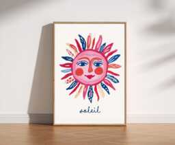 Soleil Sunshine Face Print - Smiling Sun Wall Art, Retro Boho Celestial Decor, Mediterranean Kitchen Pink Trendy Summer Poster - thumbnail 1
