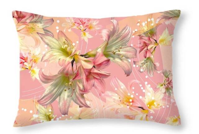 Velvet Pillow, Lumbar, Pink Lillies Throw Boho Flowers, Soft Colors, 20 X 14 In, Pale Pink Decorative Cushion Bed Pillow - image 1