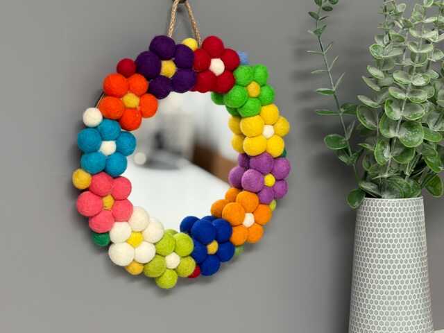 Pom Flower Wall Mirror, Wool Felt Rainbow Poms, Nursery Decor, Circular Mirror - image 1