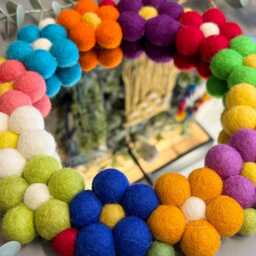 Pom Flower Wall Mirror, Wool Felt Rainbow Poms, Nursery Decor, Circular Mirror - thumbnail 3