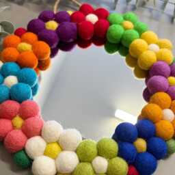 Pom Flower Wall Mirror, Wool Felt Rainbow Poms, Nursery Decor, Circular Mirror - thumbnail 4