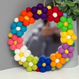 Pom Flower Wall Mirror, Wool Felt Rainbow Poms, Nursery Decor, Circular Mirror - thumbnail 2