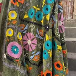 Olive Green Velvet Suzani Throw - Uzbek Inspired Boho Sofa Blanket - thumbnail 3