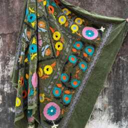 Olive Green Velvet Suzani Throw - Uzbek Inspired Boho Sofa Blanket - thumbnail 4