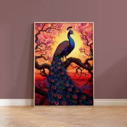 Peacock Art Nouveau Print Sunset Bird Painting - thumbnail 1