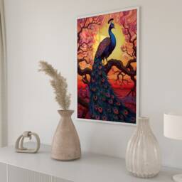 Peacock Art Nouveau Print Sunset Bird Painting - thumbnail 3