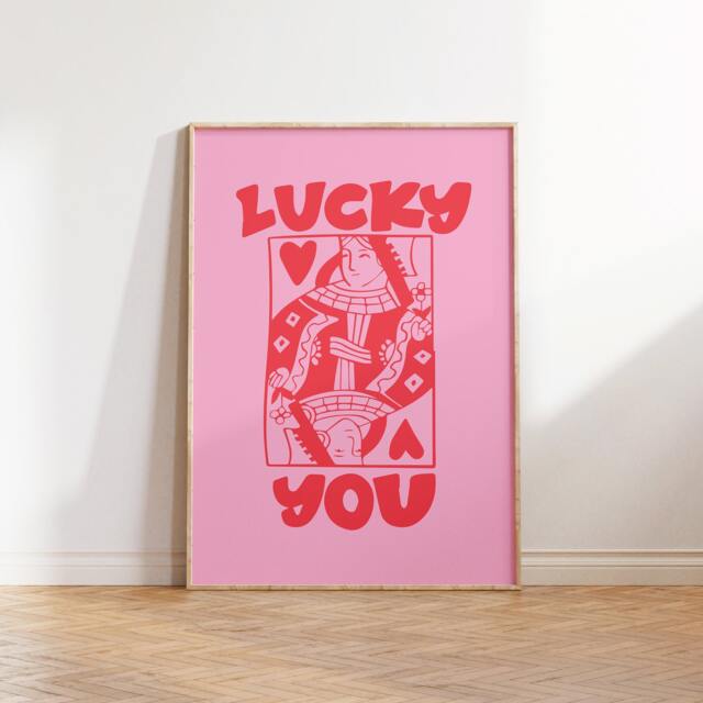 Lucky You Print, Queen Print, Poster, Trendy Playing Card Retro Wall Art, Pink Gallery Modern 2389 - image 1