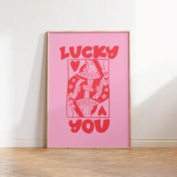 Lucky You Print, Queen Print, Poster, Trendy Playing Card Retro Wall Art, Pink Gallery Modern 2389 - thumbnail 1