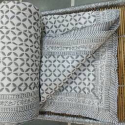 Hand Block Print Cotton Kantha Quilt Bedspread - thumbnail 4