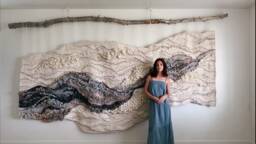 Large Woven Tapestry Blue & White Fiber Art Wall Hanging