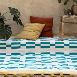 Echo Flatwoven Cotton Kilim Rug Yellow White Turquoise Tassels Southwestern Minimalist Living Kids Office Room Decor Area Runner 8x10 - thumbnail 1