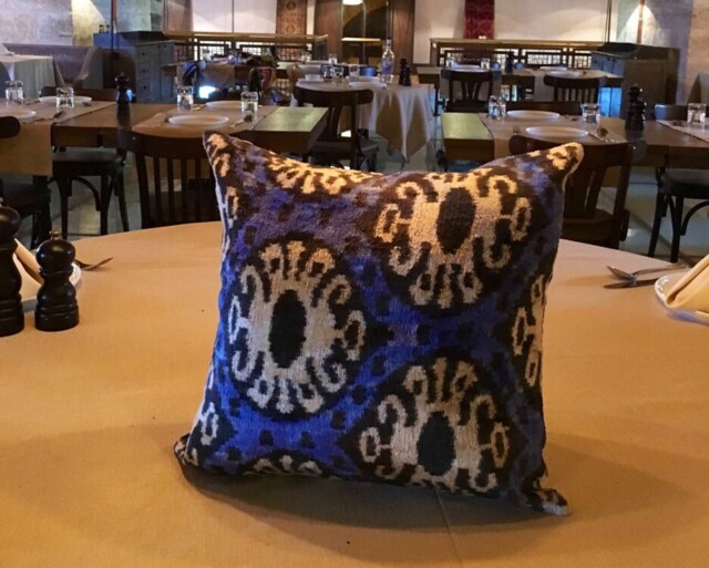 Ikat Velvet Pillow Cover Blue, White Black Handwoven Uzbek Fabric 16x16 - image 1