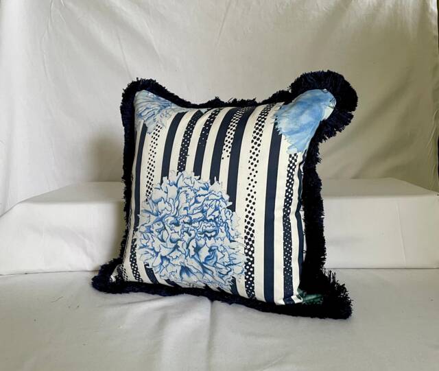 Christian Lacroix Pillow Cover Bohemian Blue Floral Print With Fringe - image 1
