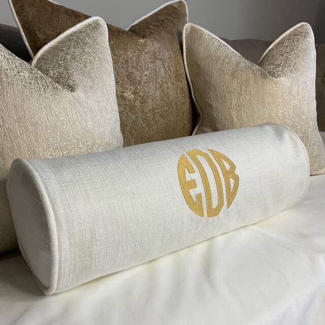 "Modern Personalised Name Initials Embroidered Bolster Cushion 16""x6" - image 1