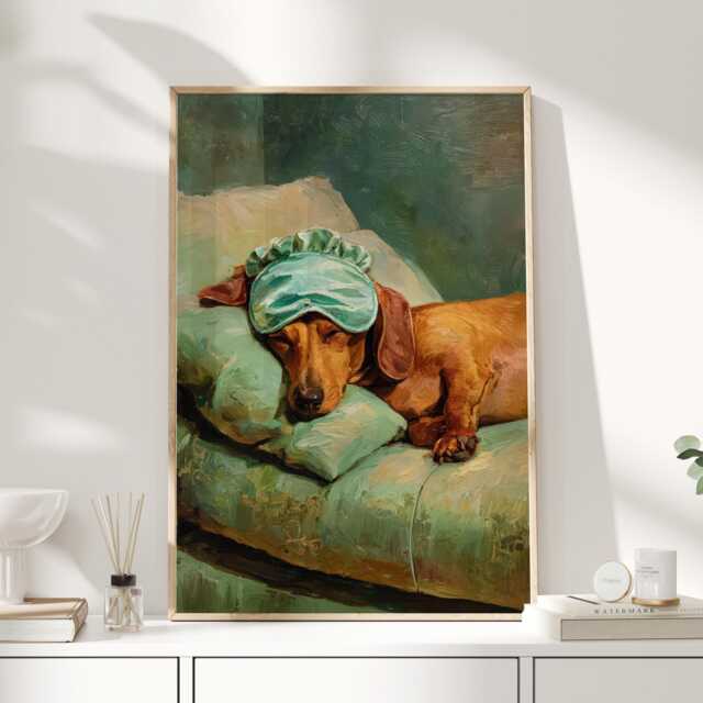 Sleeping Dachshund Wall Art Print, Cute Sausage Dog Painting Poster, Cozy Pet Lover Decor For Bedroom Or Living Room - image 1