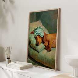 Sleeping Dachshund Wall Art Print, Cute Sausage Dog Painting Poster, Cozy Pet Lover Decor For Bedroom Or Living Room - thumbnail 2
